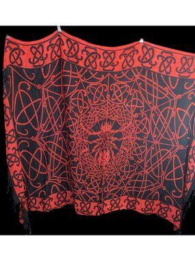 Curious Designs Red & Black Gothic Celtic Spider Tapestry Wrap/Shawl With Fringe